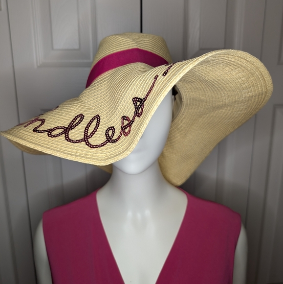 Lake Shore Drive Endless Summer Pink Sequin Ribbon Beige Floppy Hat - Picture 1 of 3